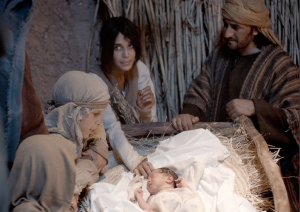 Jesus in the manger, shepherds visit